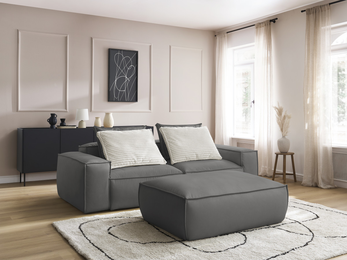 Canapé droit fixe 3 places ultra moelleux BOHEME cuir végan avec pouf