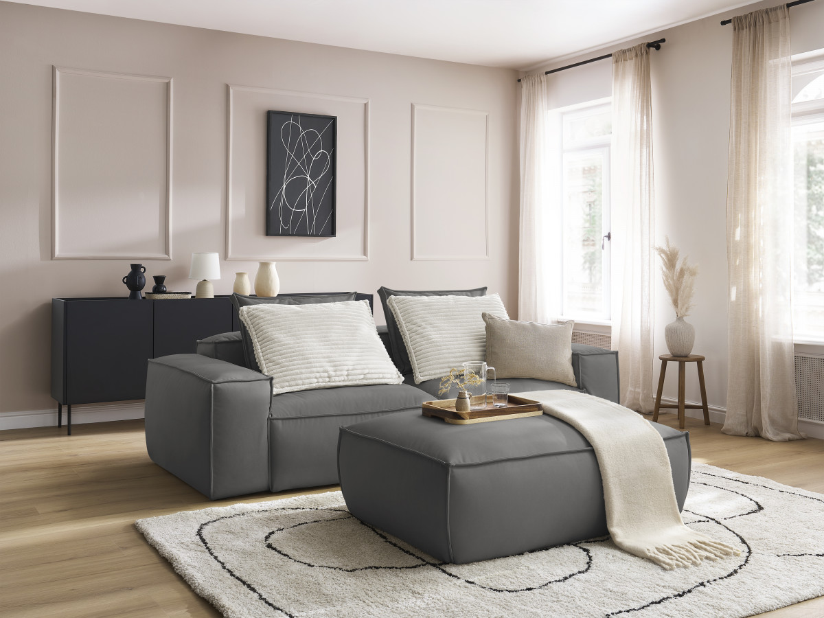 Canapé droit fixe 3 places ultra moelleux BOHEME cuir végan avec pouf