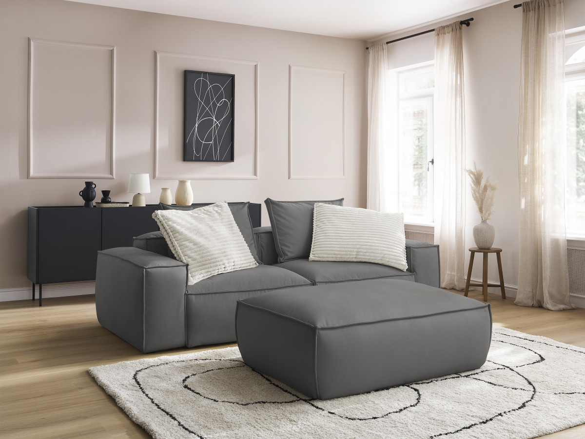 Canapé droit 3 places ultra moelleux BOHEME cuir végan avec pouf gris foncé — vue 5