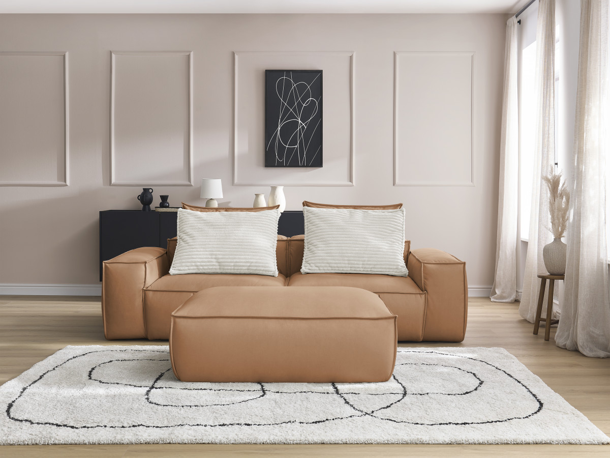 Canapé droit fixe 3 places ultra moelleux BOHEME cuir végan avec pouf