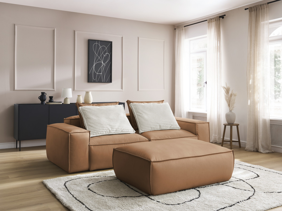 Canapé droit fixe 3 places ultra moelleux BOHEME cuir végan avec pouf