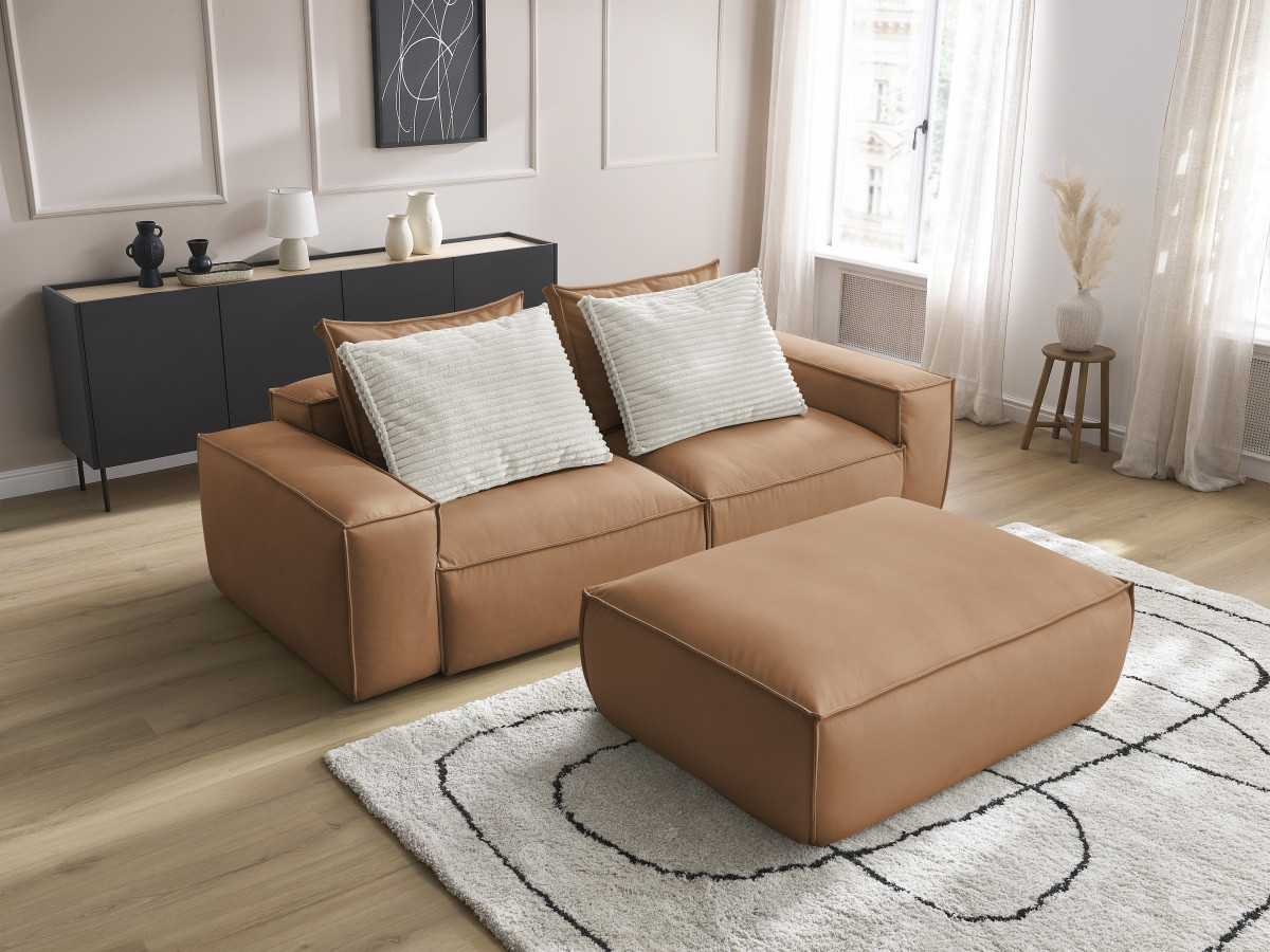 Canapé droit fixe 3 places ultra moelleux BOHEME cuir végan avec pouf