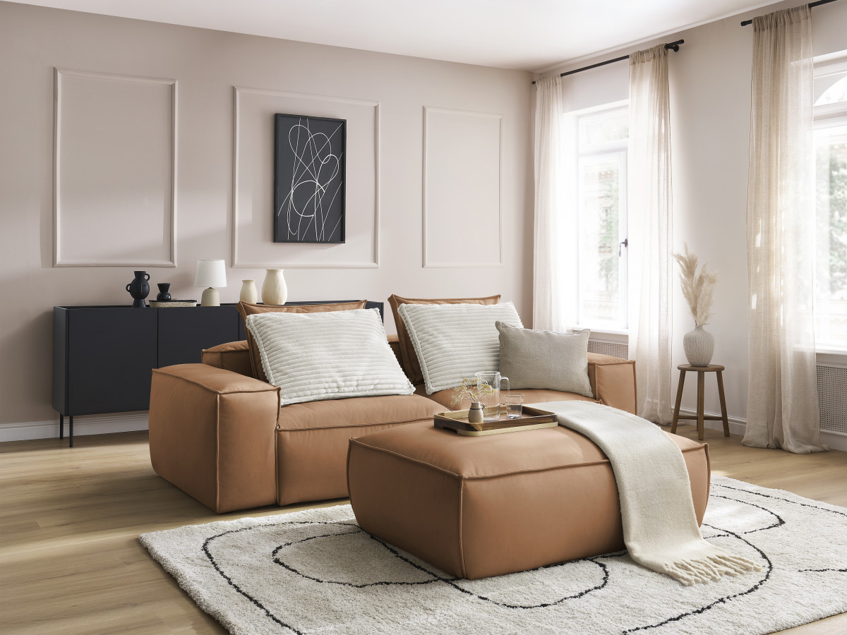 Canapé droit fixe 3 places ultra moelleux BOHEME cuir végan avec pouf