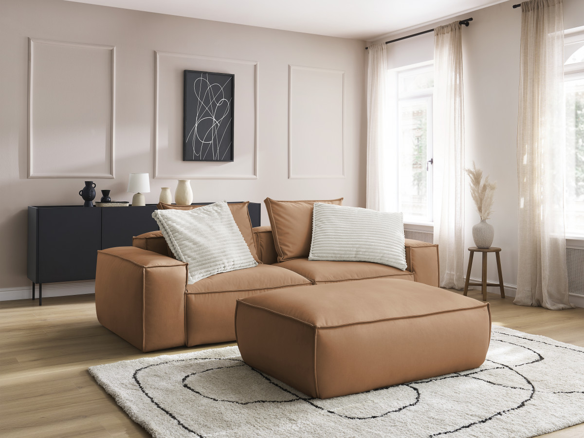 Canapé droit 3 places ultra moelleux BOHEME cuir végan avec pouf marron clair — vue 5