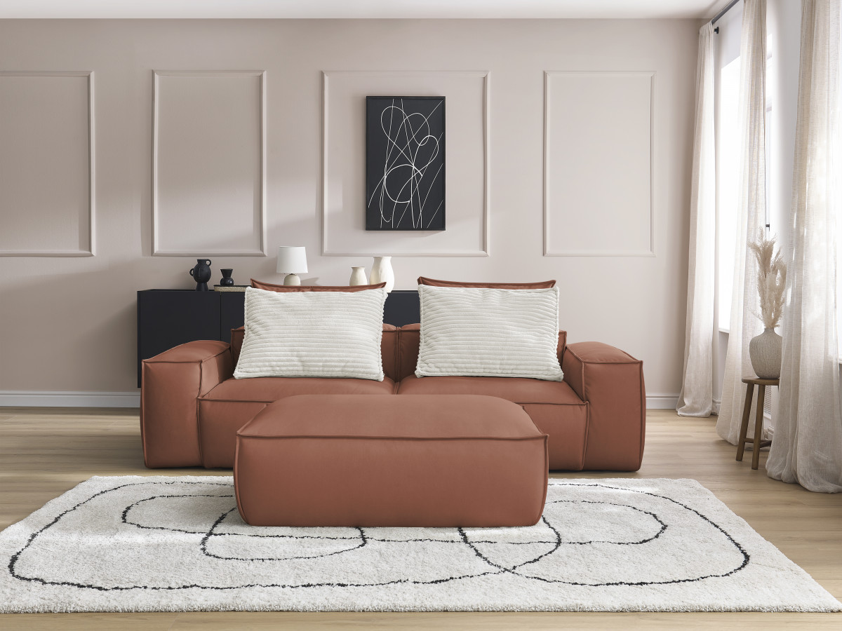 Canapé droit fixe 3 places ultra moelleux BOHEME cuir végan avec pouf