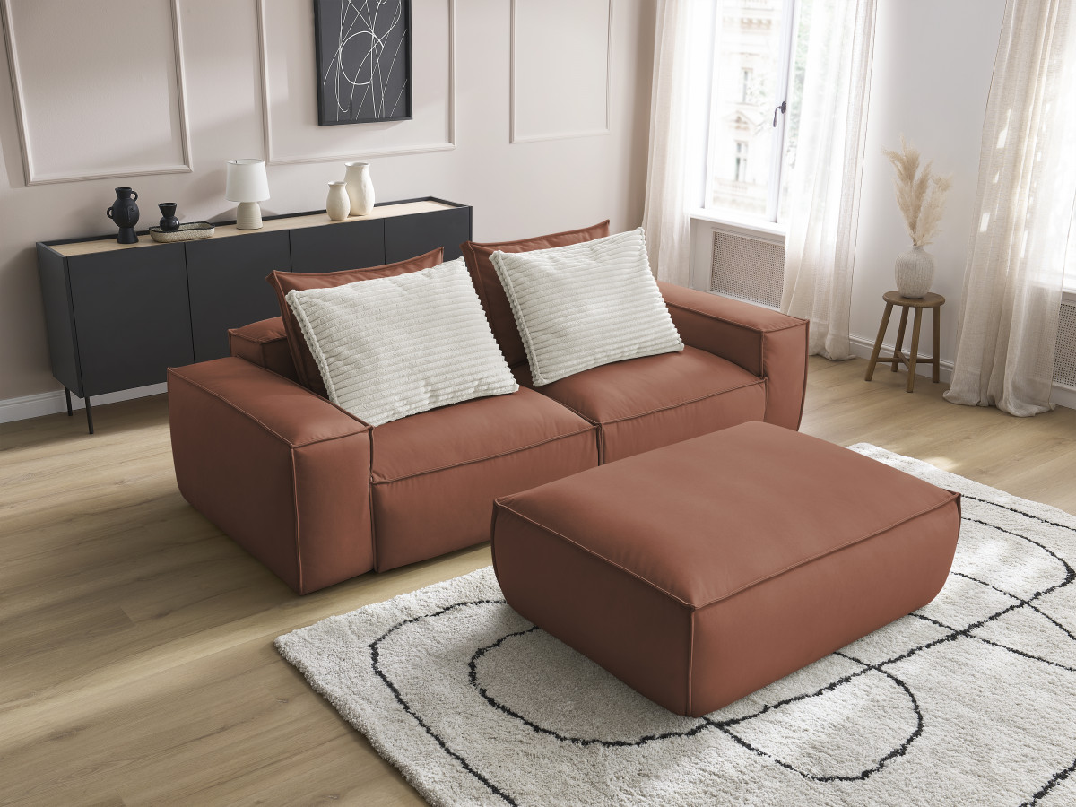 Canapé droit fixe 3 places ultra moelleux BOHEME cuir végan avec pouf