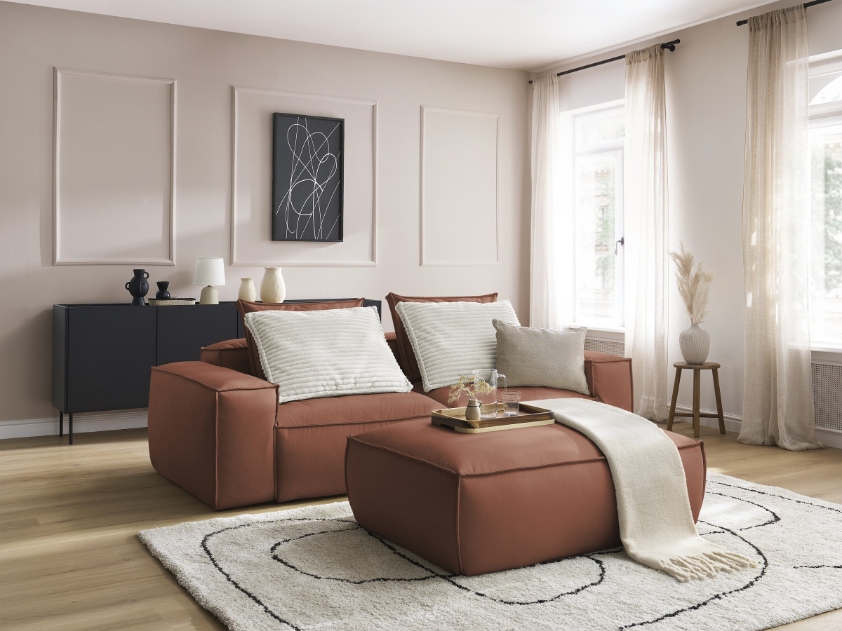 Canapé droit fixe 3 places ultra moelleux BOHEME cuir végan avec pouf