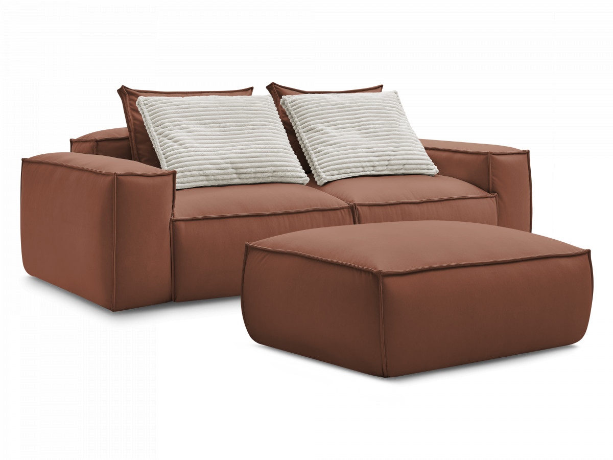 Canapé droit fixe 3 places ultra moelleux BOHEME cuir végan avec pouf