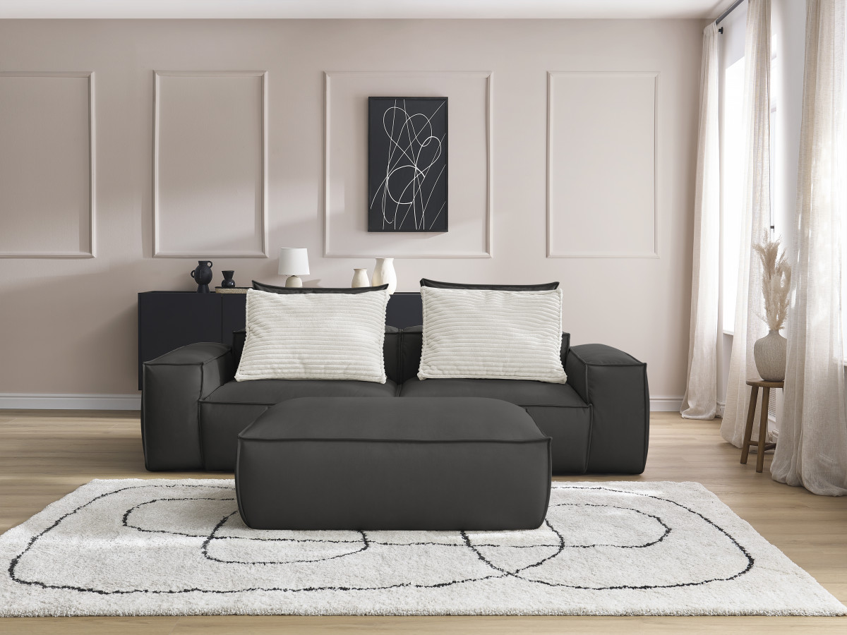 Canapé droit fixe 3 places ultra moelleux BOHEME cuir végan avec pouf