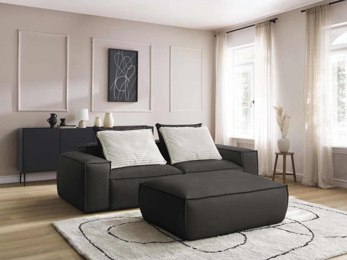 Canapé droit fixe 3 places ultra moelleux BOHEME cuir végan avec pouf noir   BOBOCHIC - Vue supplémentaire 2