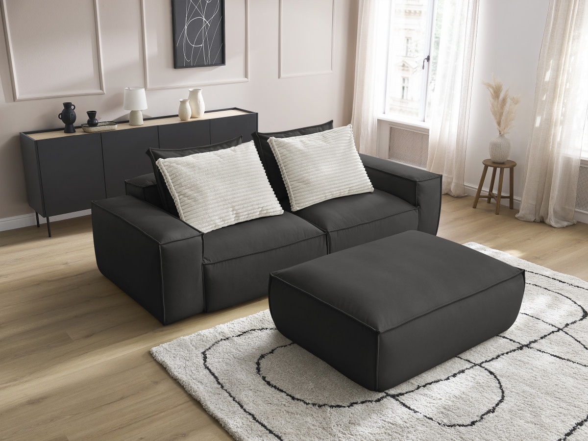 Canapé droit fixe 3 places ultra moelleux BOHEME cuir végan avec pouf