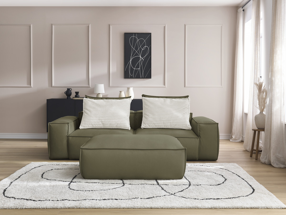 Canapé droit fixe 3 places ultra moelleux BOHEME cuir végan avec pouf