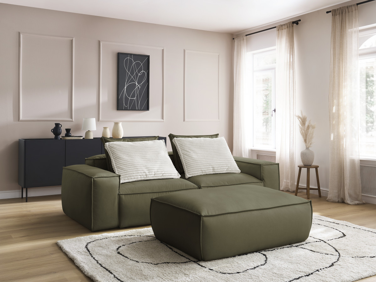 Canapé droit fixe 3 places ultra moelleux BOHEME cuir végan avec pouf