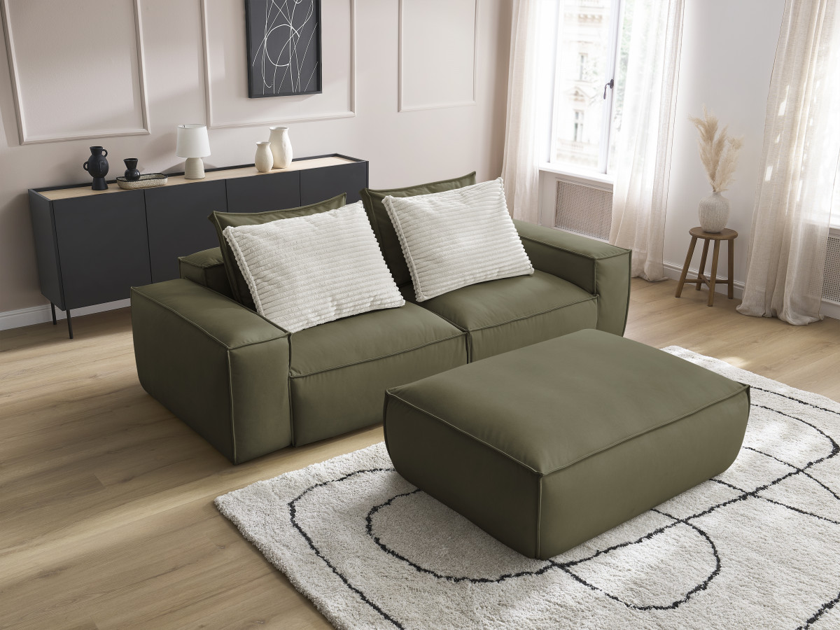 Canapé droit fixe 3 places ultra moelleux BOHEME cuir végan avec pouf