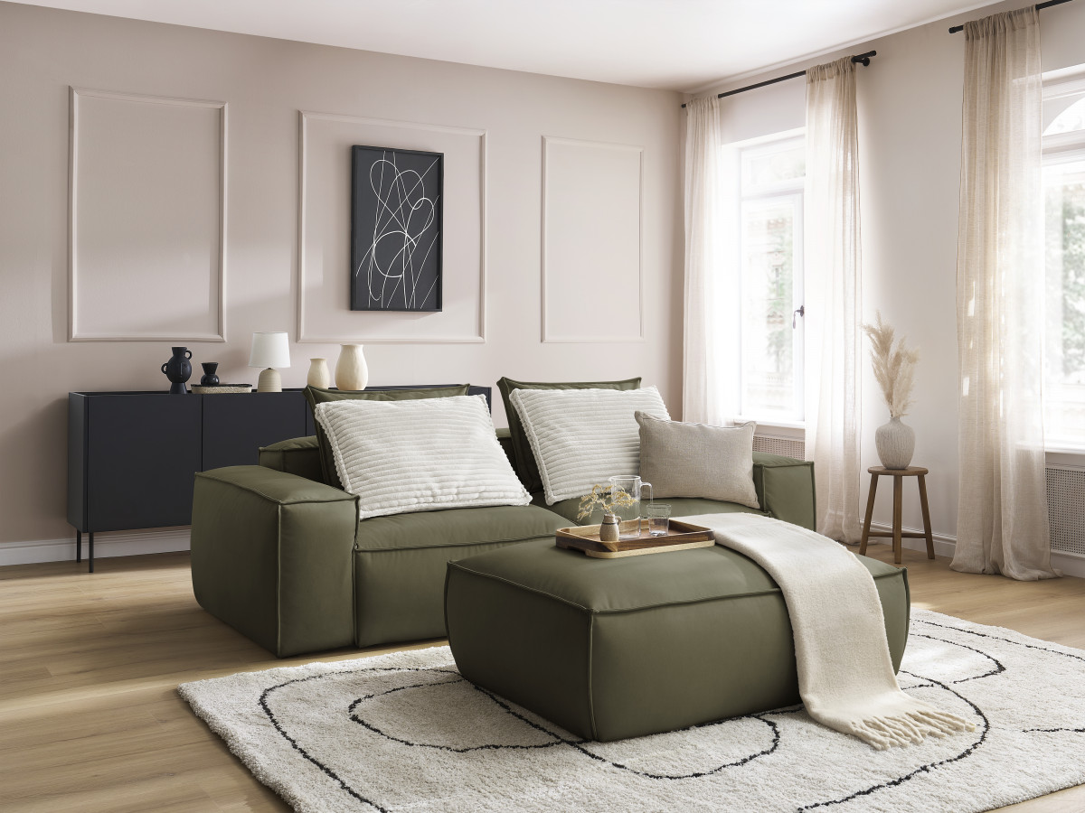 Canapé droit fixe 3 places ultra moelleux BOHEME cuir végan avec pouf