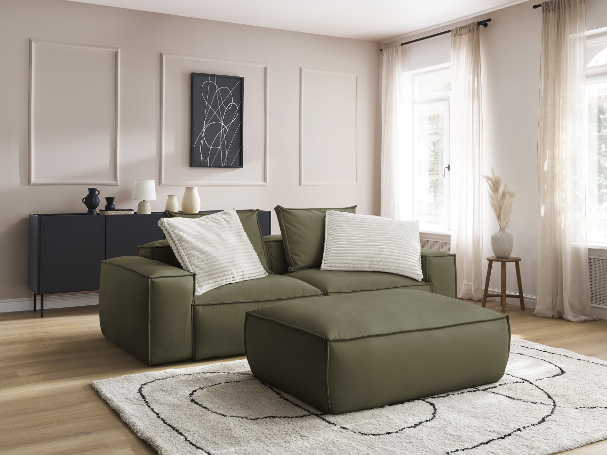 Canapé droit 3 places ultra moelleux BOHEME cuir végan avec pouf vert — vue 5
