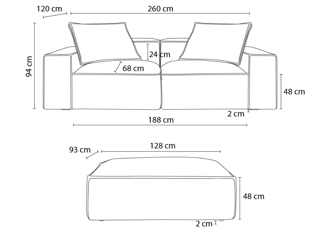 Canapé droit fixe 3 places ultra moelleux BOHEME cuir végan avec pouf