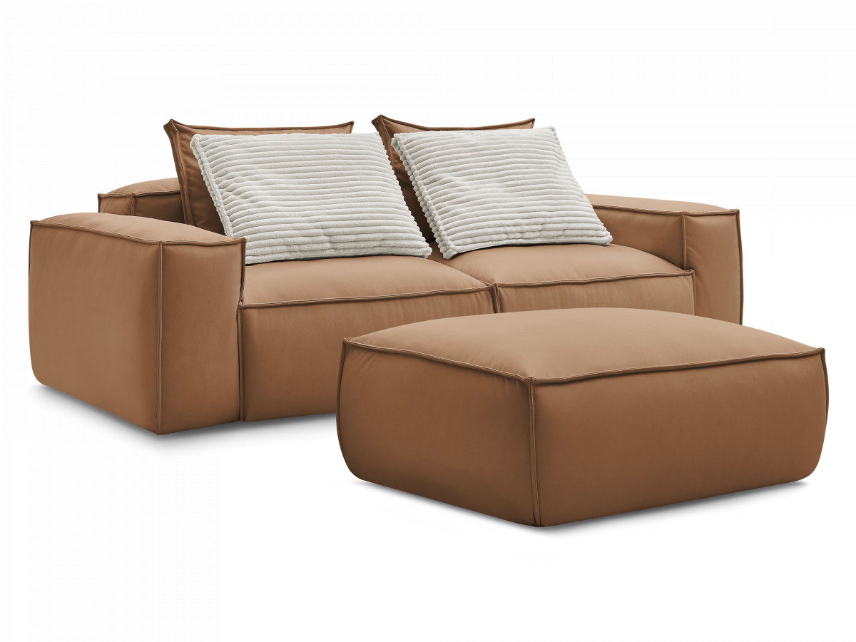 Canapé droit fixe 3 places ultra moelleux BOHEME cuir végan avec pouf