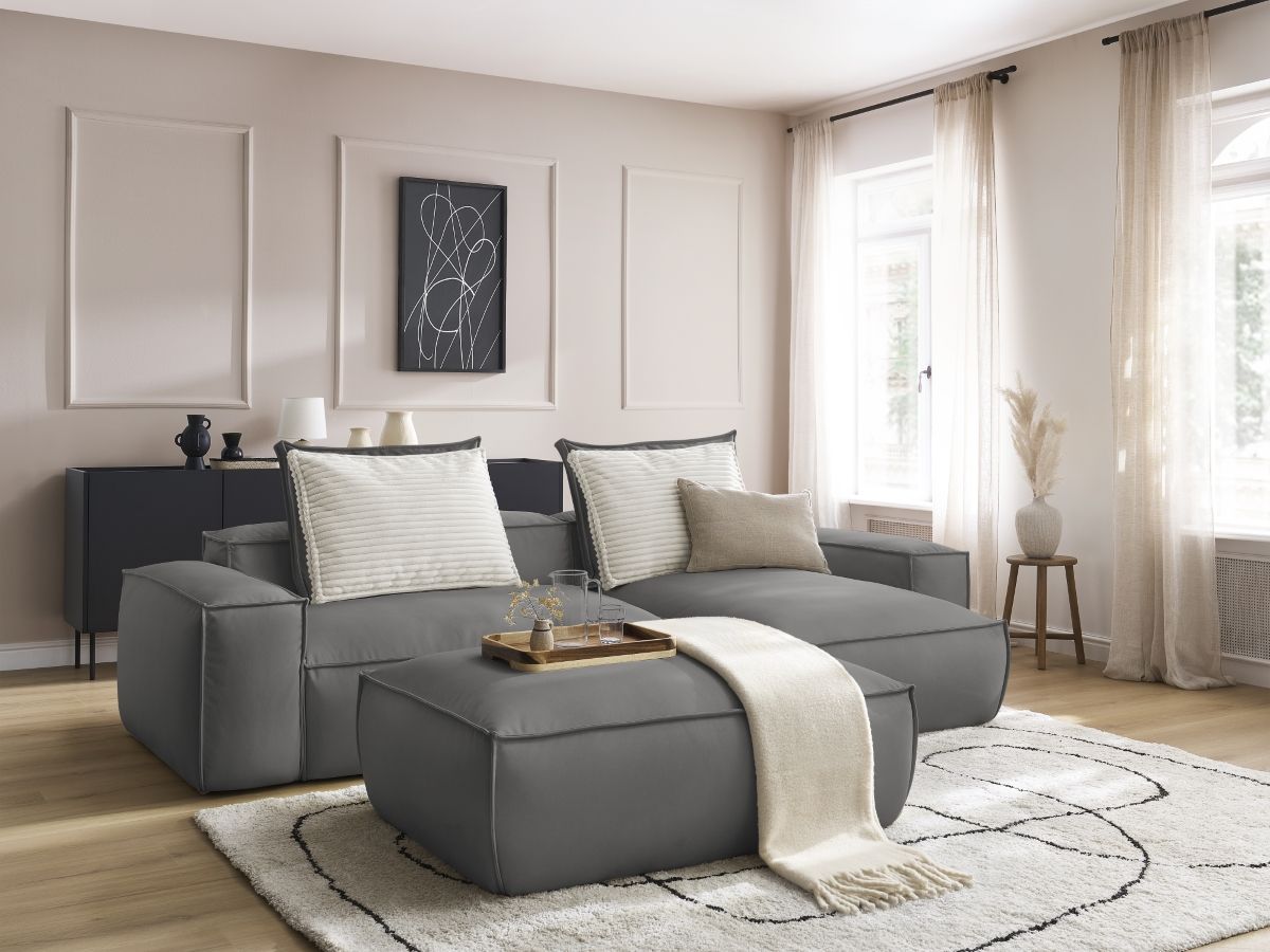 Canapé d'angle réversible ultra moelleux BOHEME cuir végan avec pouf