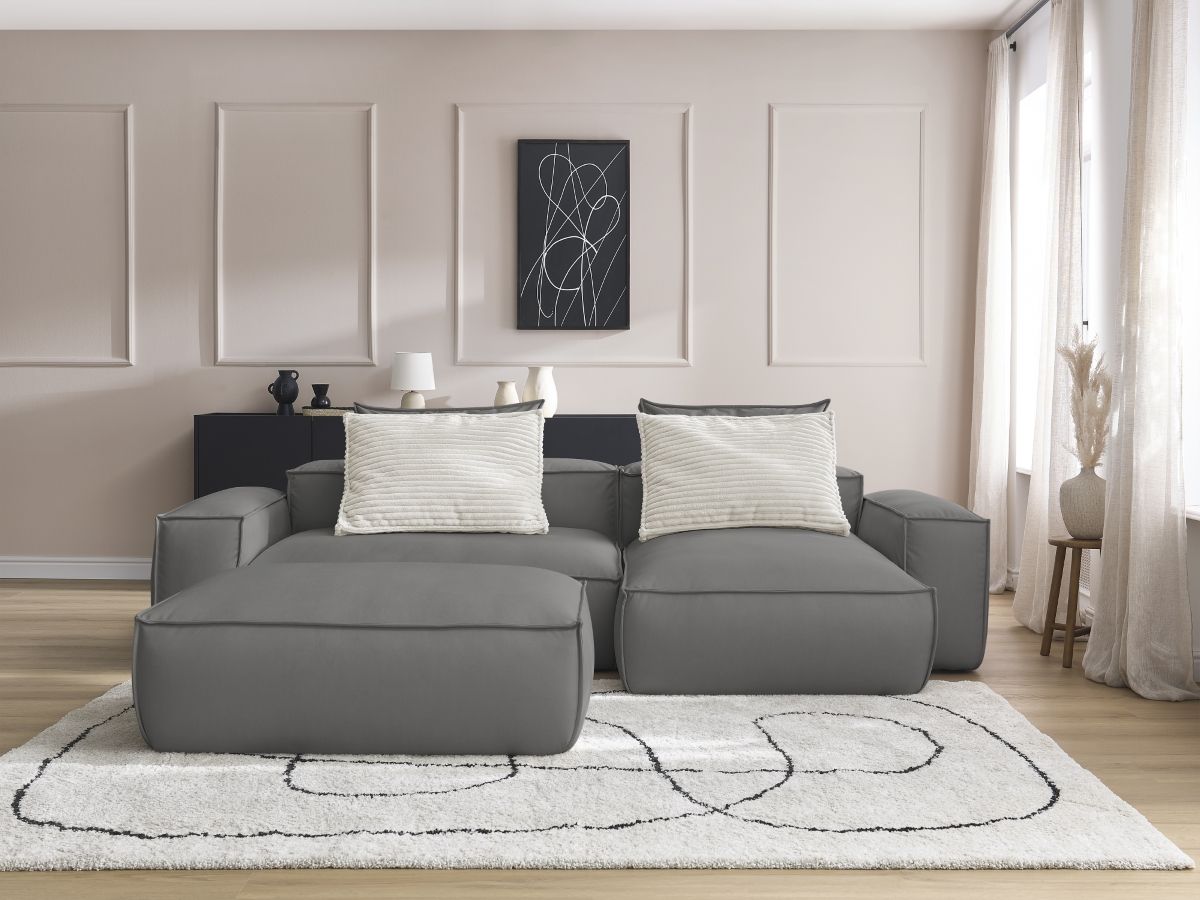 Canapé d'angle réversible ultra moelleux BOHEME cuir végan avec pouf