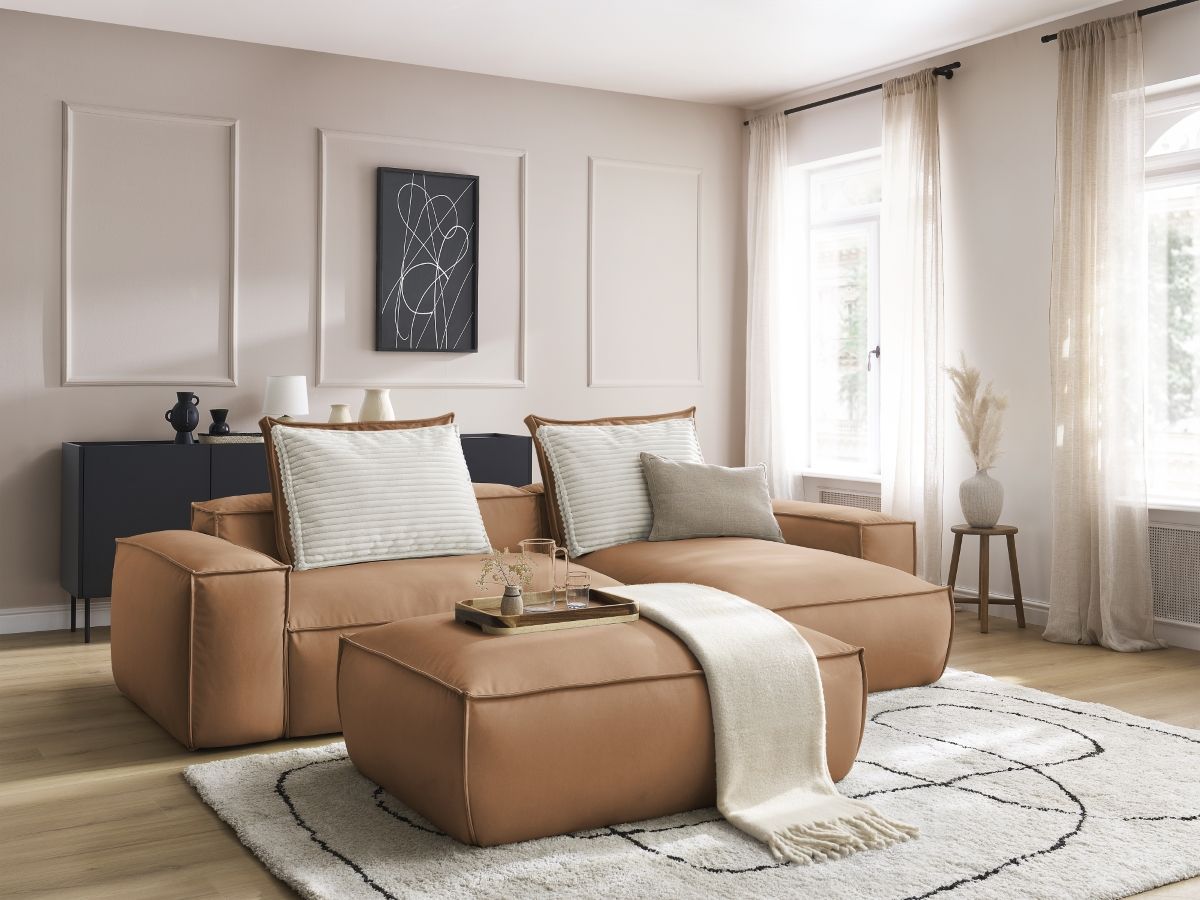 Canapé d'angle réversible ultra moelleux BOHEME cuir végan avec pouf