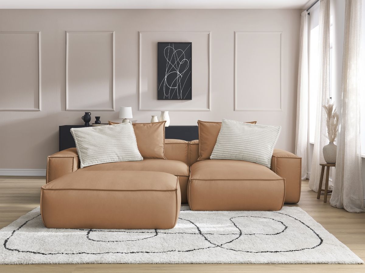 Canapé d'angle réversible ultra moelleux BOHEME cuir végan avec pouf