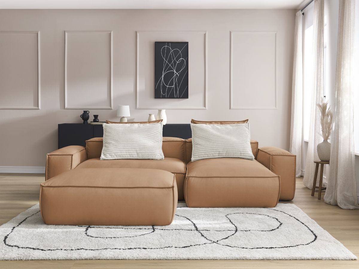 Canapé d'angle réversible ultra moelleux BOHEME cuir végan avec pouf