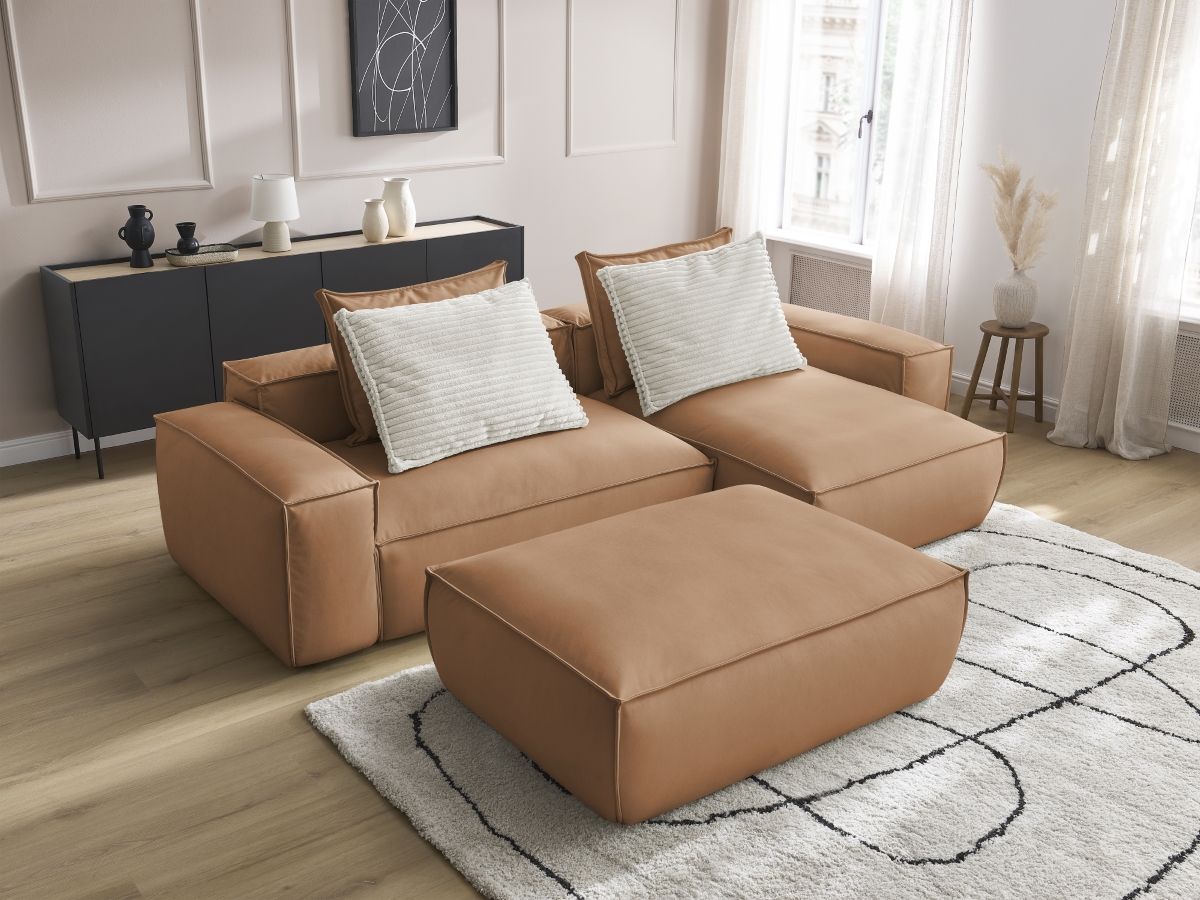 Canapé d'angle réversible ultra moelleux BOHEME cuir végan avec pouf marron clair — vue 5