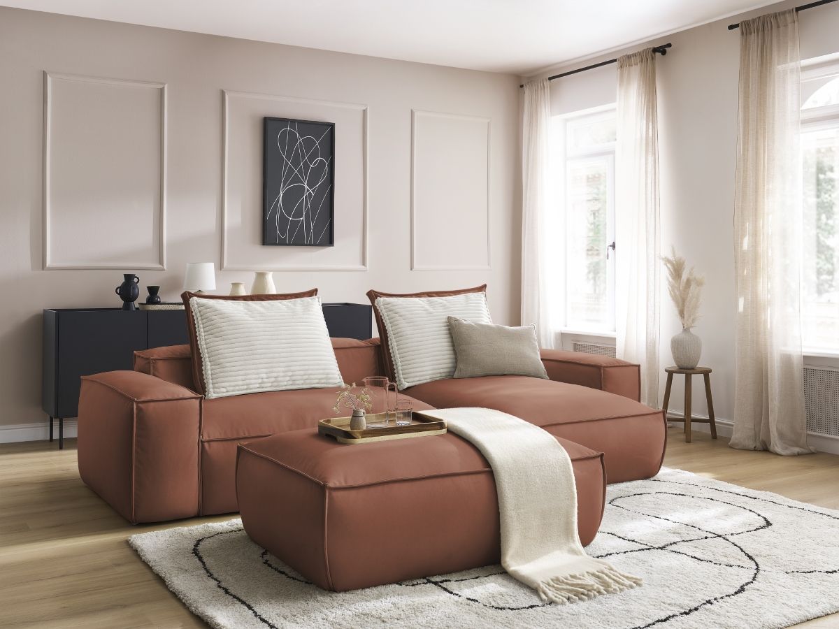 Canapé d'angle réversible ultra moelleux BOHEME cuir végan avec pouf