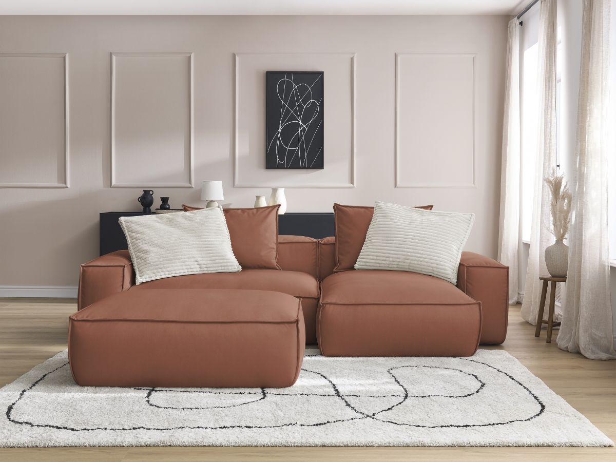 Canapé d'angle réversible ultra moelleux BOHEME cuir végan avec pouf
