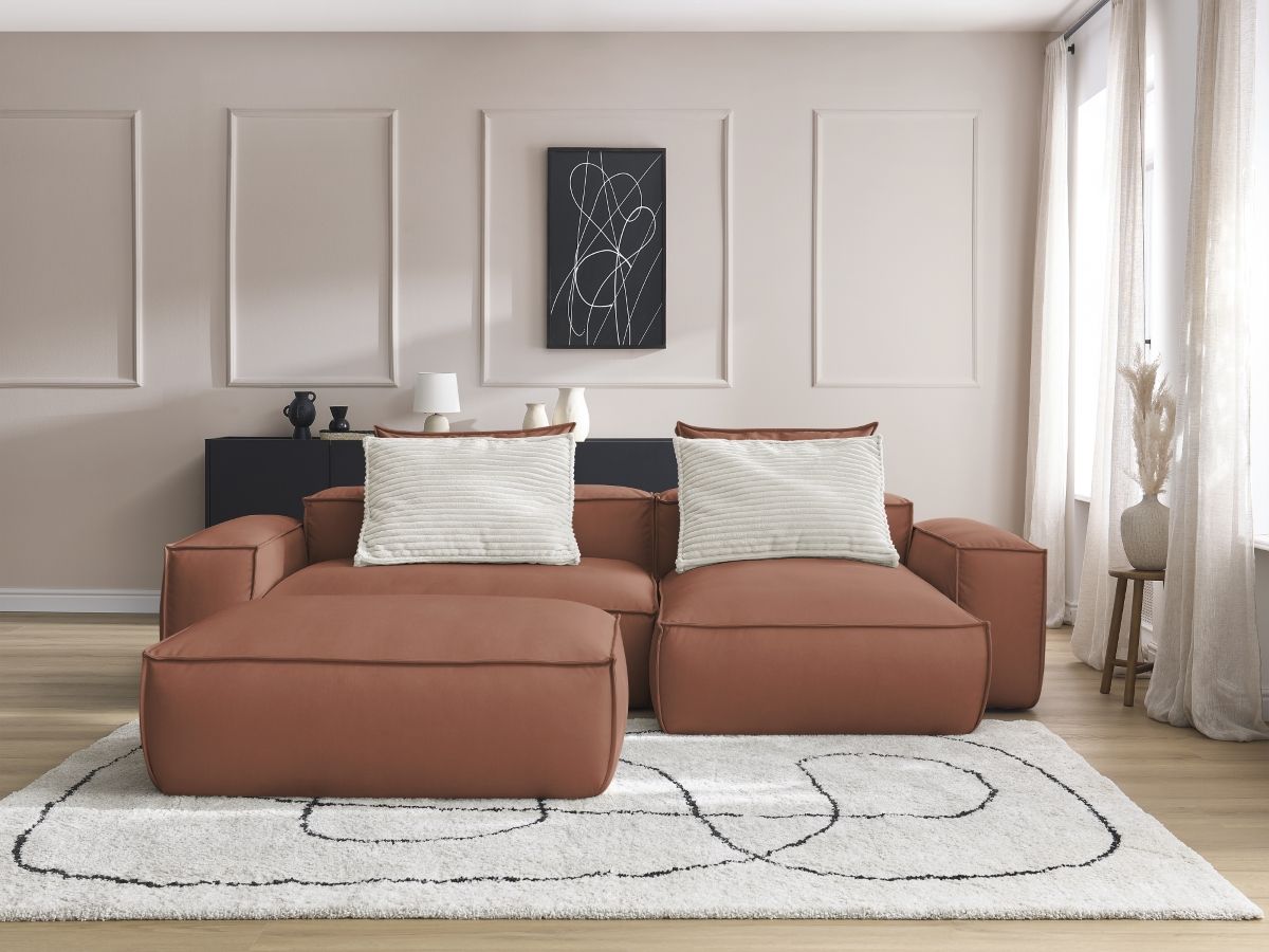 Canapé d'angle réversible ultra moelleux BOHEME cuir végan avec pouf