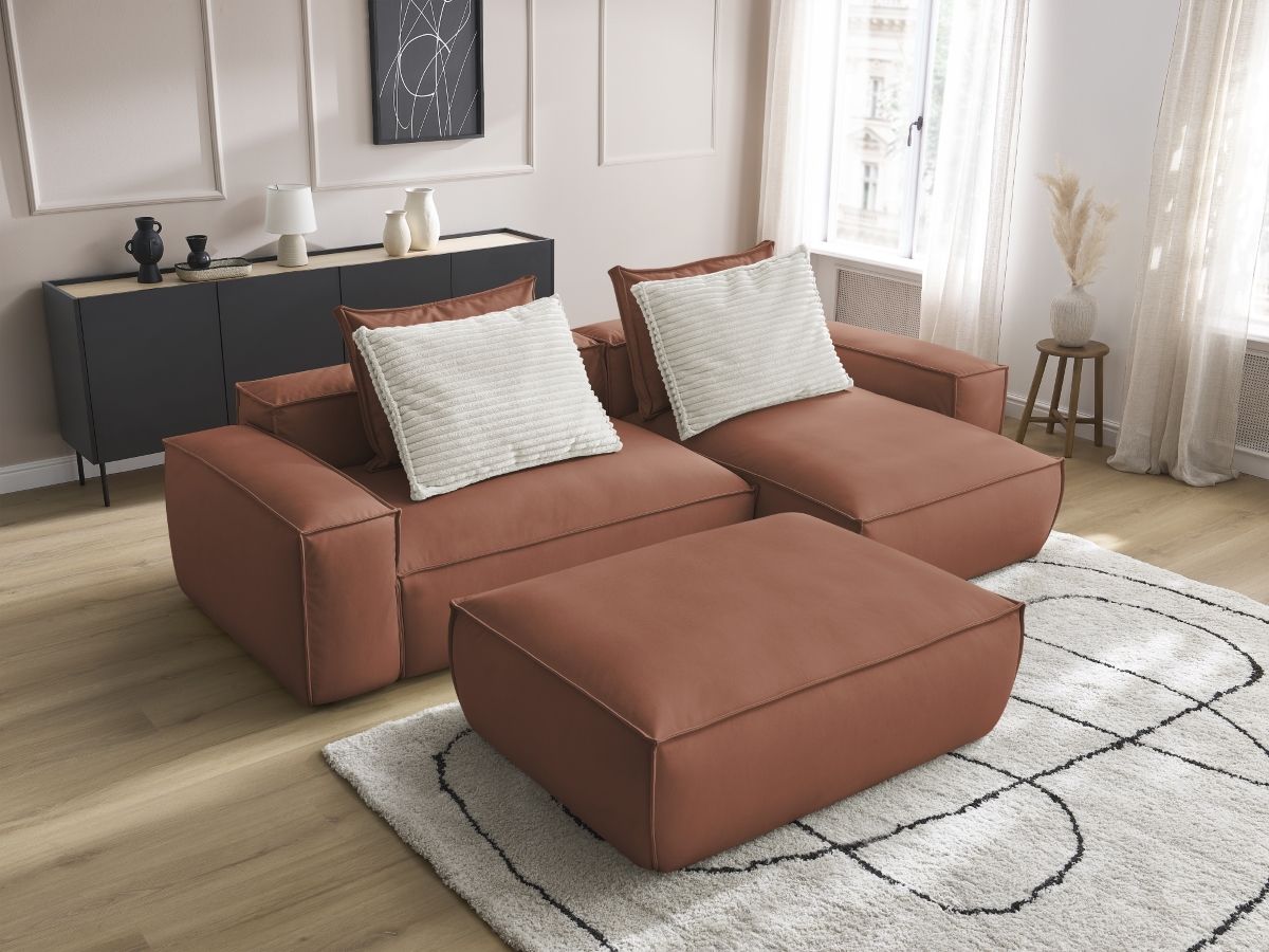 Canapé d'angle réversible ultra moelleux BOHEME cuir végan avec pouf marron foncé — vue 5