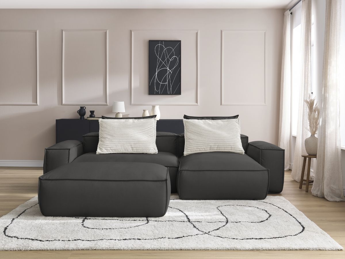 Canapé d'angle réversible ultra moelleux BOHEME cuir végan avec pouf
