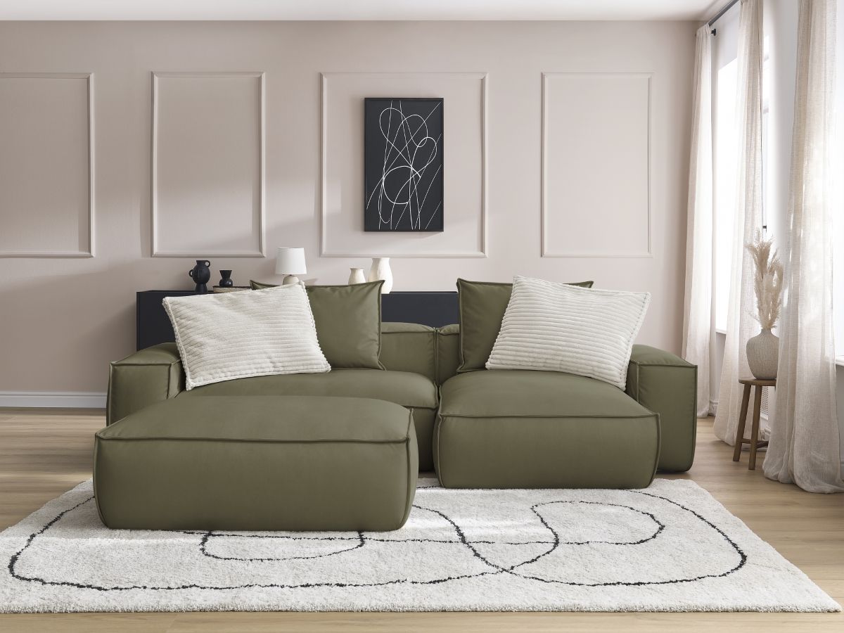 Canapé d'angle réversible ultra moelleux BOHEME cuir végan avec pouf