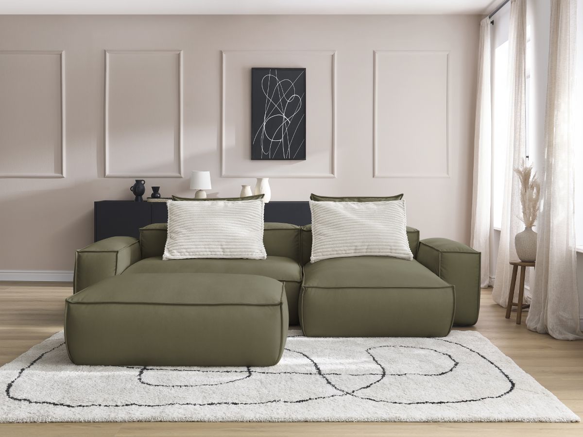 Canapé d'angle réversible ultra moelleux BOHEME cuir végan avec pouf