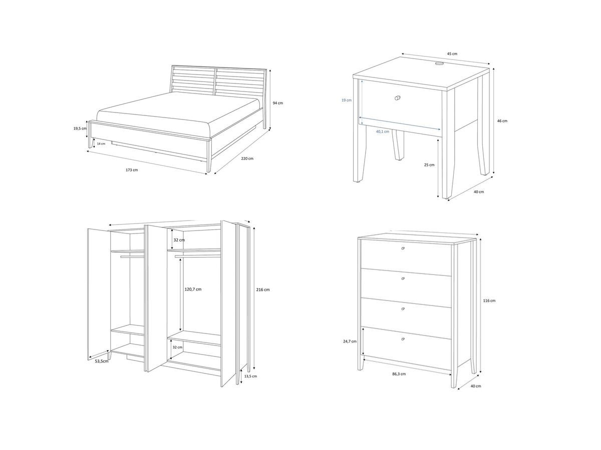 MADDY opbergbed + 2 nachtkastjes + ladekast + kledingkastset