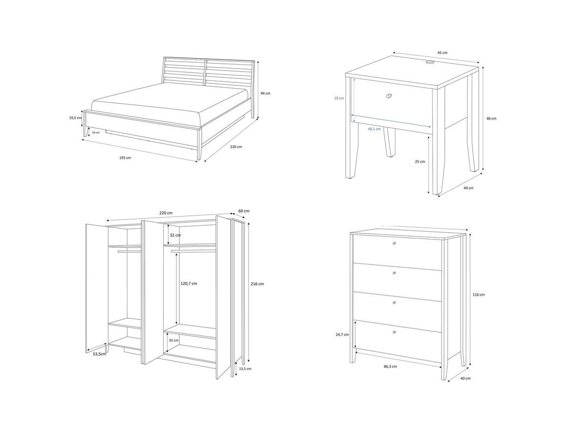MADDY opbergbed + 2 nachtkastjes + ladekast + kledingkastset