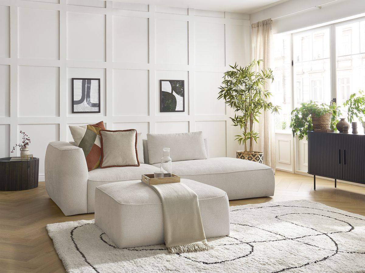 Canapé droit fixe 3 places LEOPOLD tissu texturé avec pouf