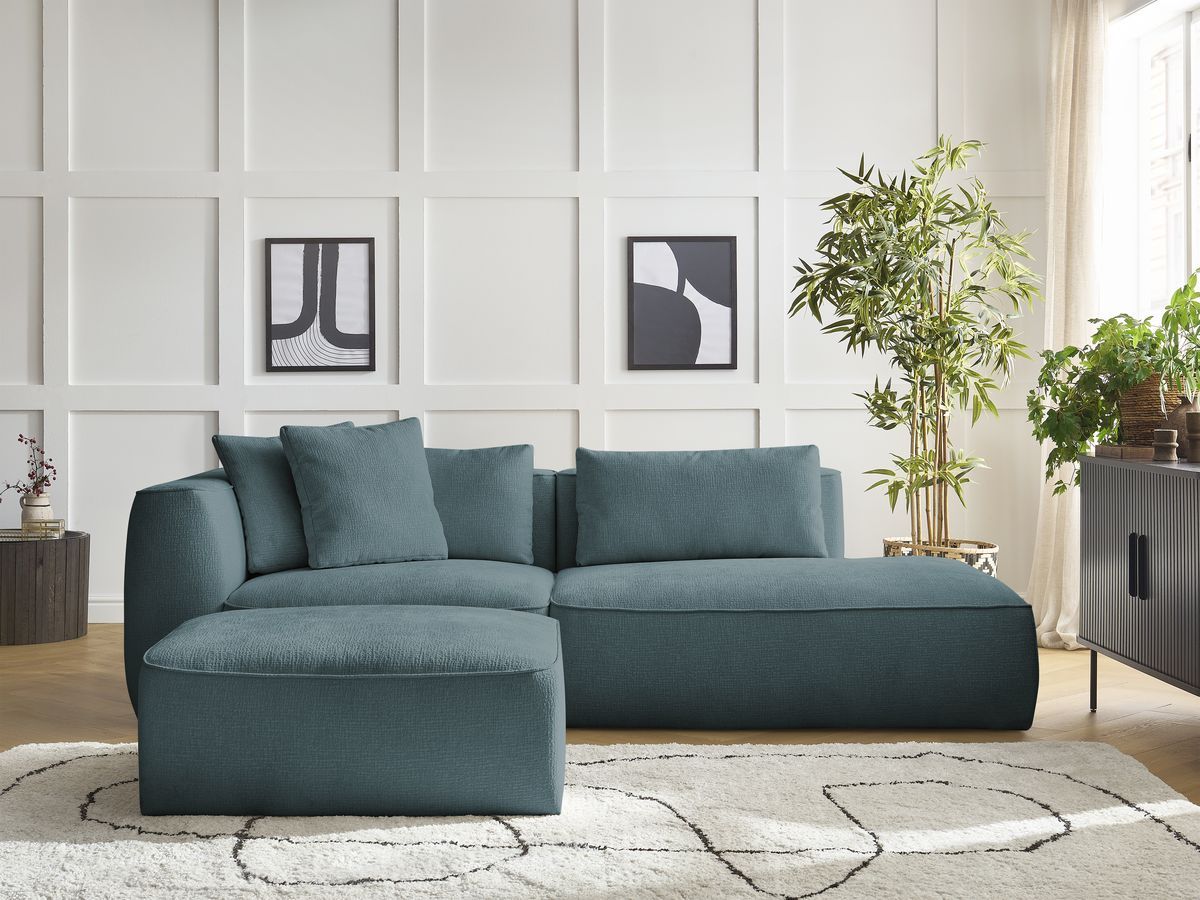 Canapé droit 3 places LEOPOLD texturé avec pouf bleu foncé — vue 5