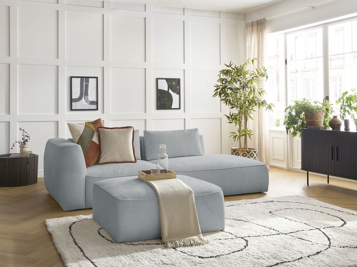 Canapé droit fixe 3 places LEOPOLD tissu texturé avec pouf