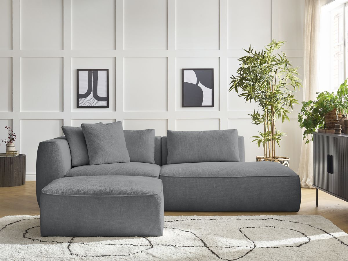 Canapé droit 3 places LEOPOLD texturé avec pouf gris foncé — vue 5