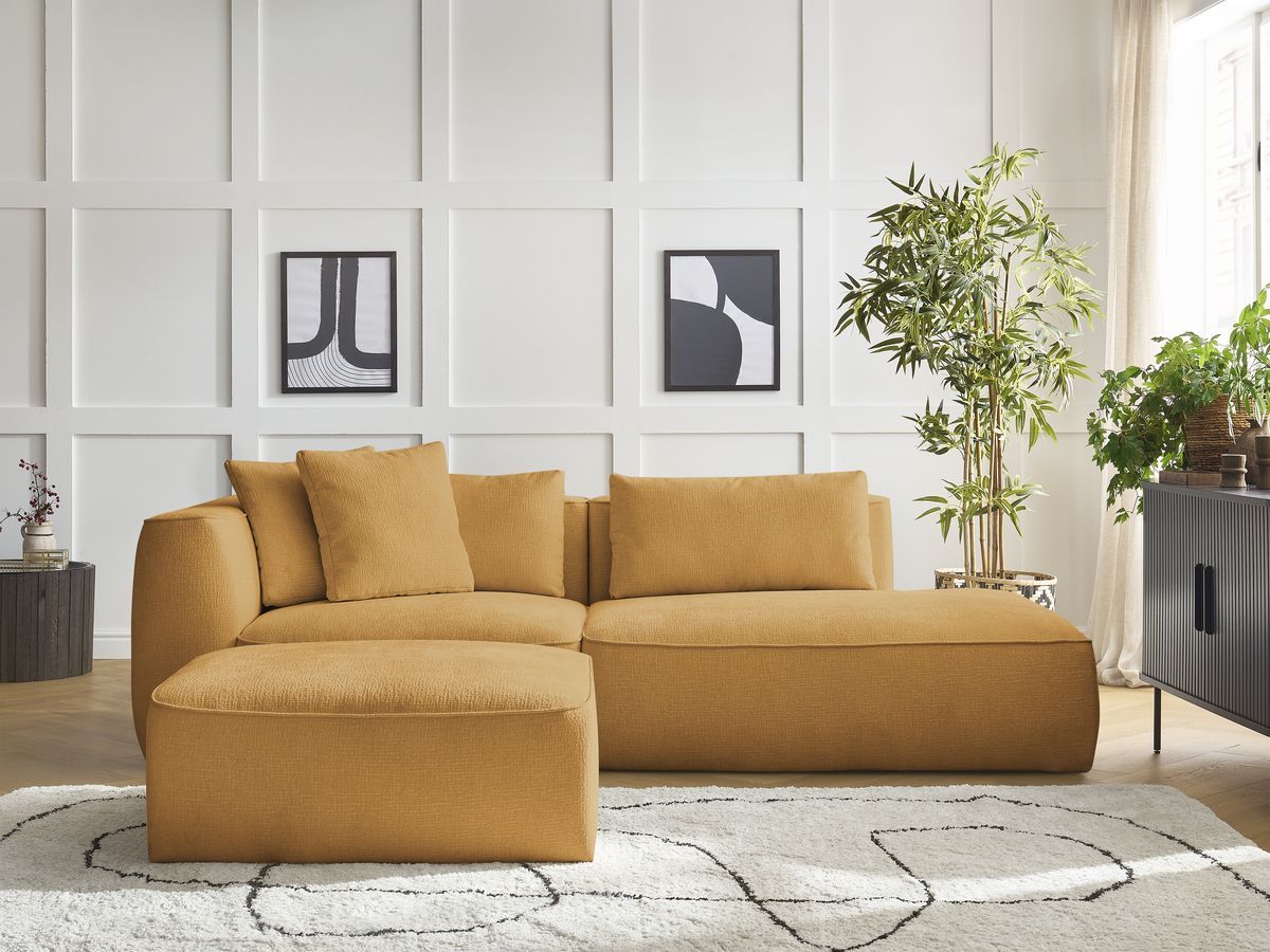 Canapé droit 3 places LEOPOLD texturé avec pouf jaune — vue 5