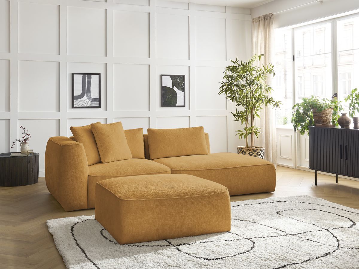 Canapé droit fixe 3 places LEOPOLD tissu texturé avec pouf