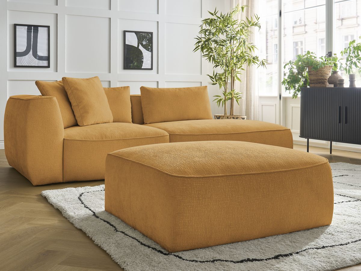 Canapé droit fixe 3 places LEOPOLD tissu texturé avec pouf