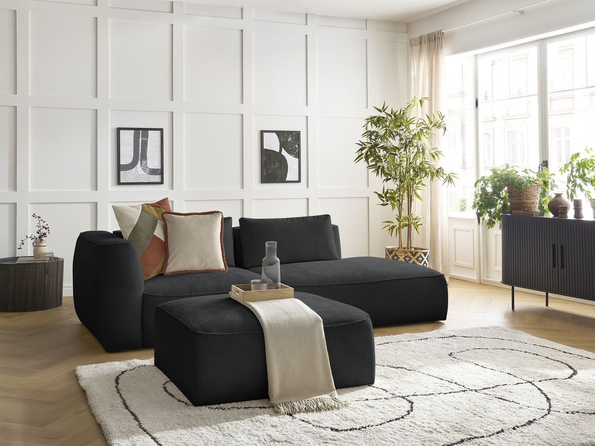 Canapé droit fixe 3 places LEOPOLD tissu texturé avec pouf