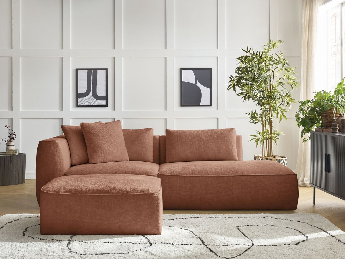 Canapé droit 3 places LEOPOLD texturé avec pouf orange — vue 5