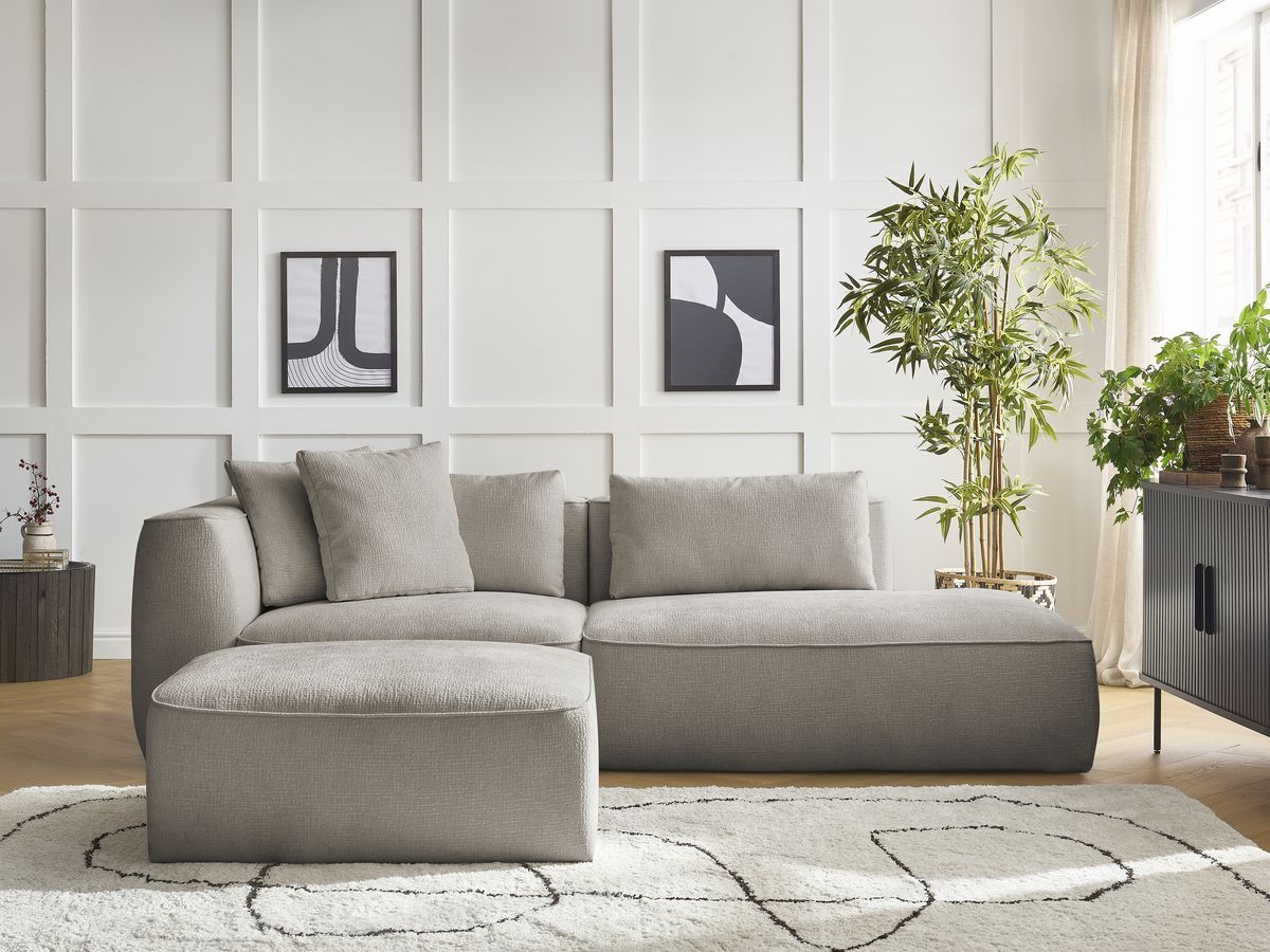 Canapé droit 3 places LEOPOLD texturé avec pouf taupe — vue 5