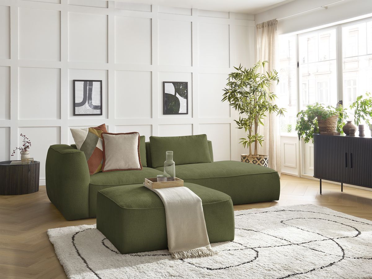 Canapé droit fixe 3 places LEOPOLD tissu texturé avec pouf