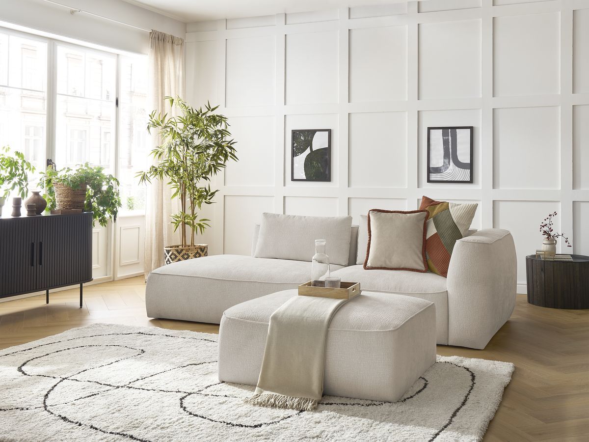 Canapé droit fixe 3 places LEOPOLD tissu texturé avec pouf
