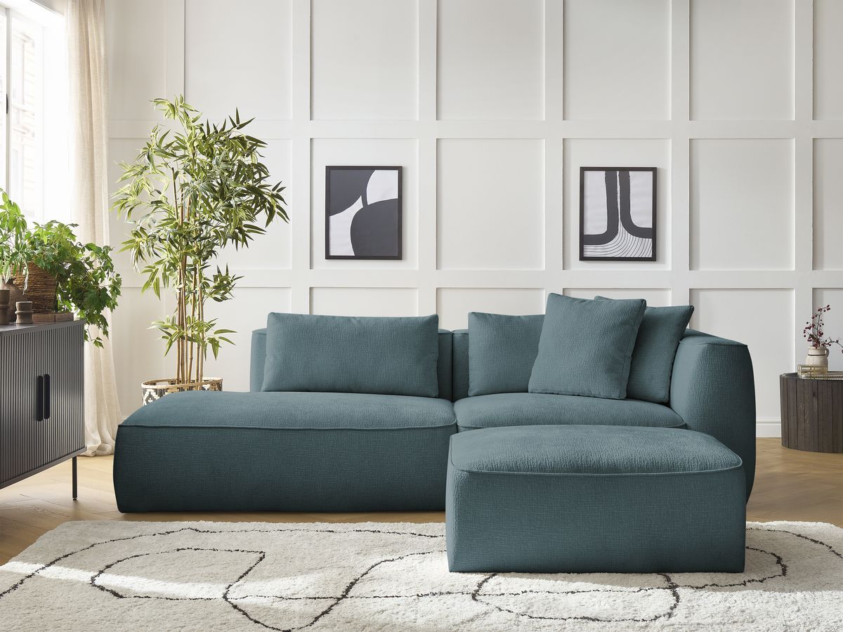 Canapé droit fixe 3 places LEOPOLD tissu texturé avec pouf bleu foncé accoudoir droit BOBOCHIC - Vue supplémentaire 3